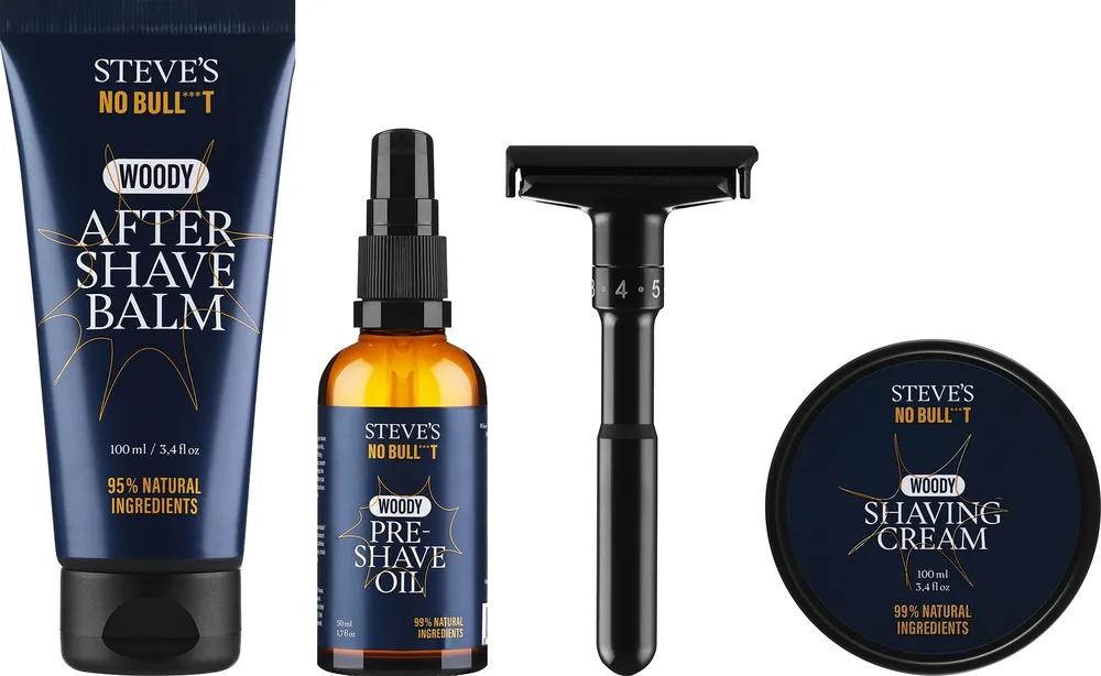 Steve?s No Bull***t Steve's No Bull***t Klasik Shaving Box (sh/oil/50 мл + sh/cr/100 мл + a/sh/balm/100 мл + razor) * - Мужской набор для бритья Steve's Klasik масло крем бальзам после бритья и станок с ароматом дерева уценка 50+100+100 мл