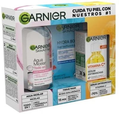 Garnier Essentials Gift Set набор мицеллярная вода 400 мл + тканевая маска 1 шт. + сыворотка 30 мл, очищение, увлажнение и сияние с витамином C