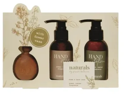 Набор Treffina Naturals Green Leaves жидкое мыло для рук 100 мл лосьон для рук 100 мл и деревянная ваза