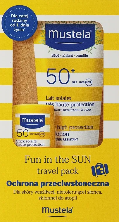 Детский набор для загара Mustela солнцезащитное молочко SPF 50+ и стик SPF 50 с маслом авокадо 40+9 мл