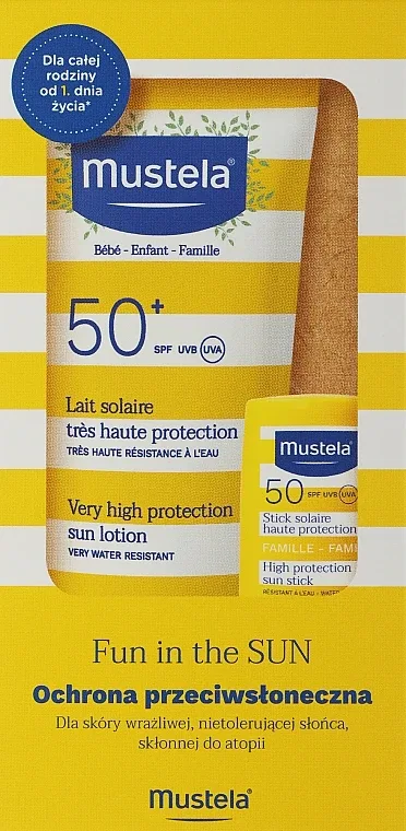 Детский набор для загара Mustela солнцезащитное молочко SPF 50+ и стик SPF 50 для лица и тела 100+9 мл