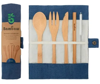 Набор бамбуковых столовых приборов для пикника Bambaw Bamboo Cutlery Set, Ocean, с трубочкой и чехлом