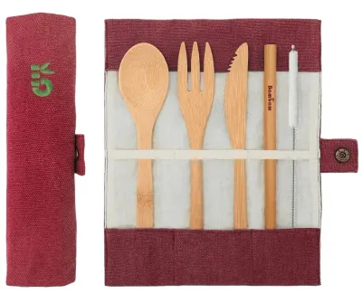 Набор бамбуковых столовых приборов для пикника Bambaw Bamboo Cutlery Set, Burgundy, с трубочкой и чехлом