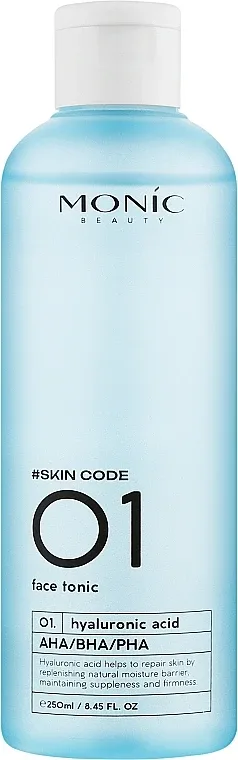 Тоник для лица Monic Beauty #Skin Code 01 Hyaluronic Acid And AHA/BHA/PHA Face Tonic с гиалуроновой кислотой, с кислотами AHA/BHA/PHA, 250 мл