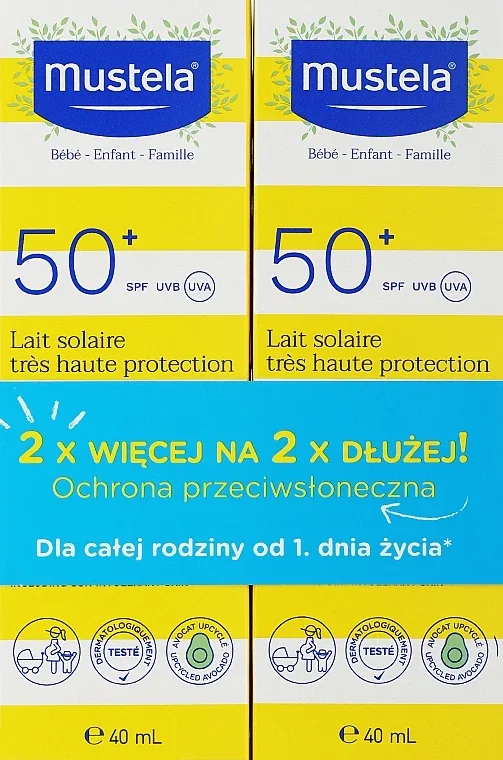 Mustela Sun Lotion Duopak SPF50+ солнцезащитный бальзам для лица и тела, набор 2×40 мл