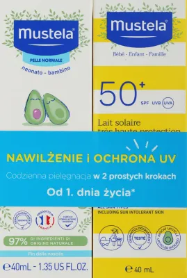 Набор Mustela «Увлажнение и защита от UV»: солнцезащитный лосьон SPF 50+ и крем для лица, по 40 мл