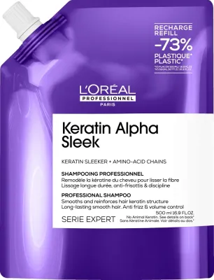 Шампунь для непослушных и пушащихся волос L'Oreal Professionnel Keratin Alpha Sleek, разглаживающий, сменный блок, 500 мл