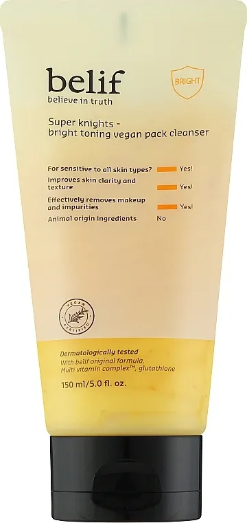 Гель для умывания Belif Super Knights Bright Toning Vegan Pack Cleanser тонизирующий, выравнивающий тон кожи, 150 мл