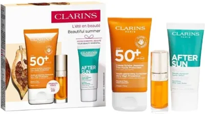 Clarins Beautiful Summer набор крем для тела 50 мл, бальзам после загара 30 мл и масло для губ 7 мл летний подарочный набор для защиты от солнца и ухода после загара