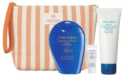 Shiseido Sun Protection Pouch Set набор солнцезащитный для лица и тела: лосьон 150 мл, крем для лица 5 мл, эмульсия после загара 75 мл, косметичка