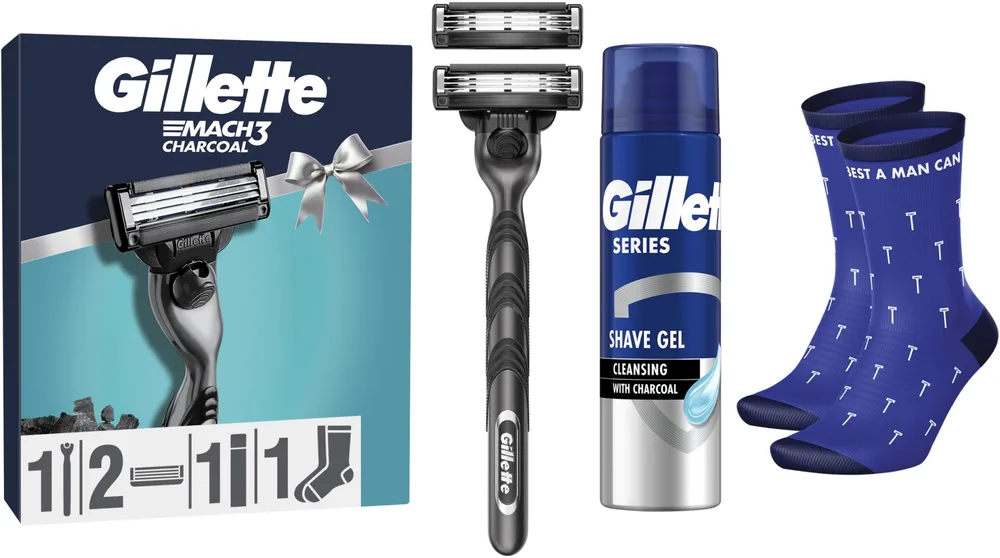 Набор Gillette Mach3 Charcoal гель для бритья 200 мл станок сменные кассеты 2 шт и носки