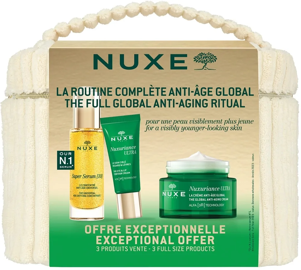 Набор Nuxe сыворотка Super Serum 10 30 мл крем Nuxuriance Ultra 50 мл крем для глаз и губ 15 мл и косметичка для зрелой кожи
