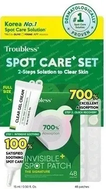 Набор для лица Troubless Spot Care Plus ночной гель-крем с чайным деревом и патчи для проблемной кожи 15 мл+48 шт