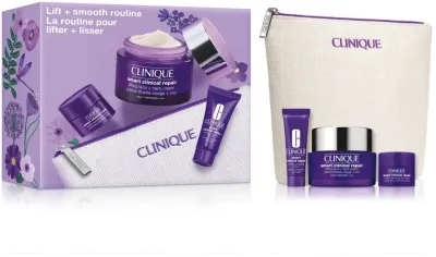 Clinique Lift + Smooth Routine набор крем для лица 50 мл + сыворотка 10 мл + крем для кожи вокруг глаз 5 мл + косметичка, уход для гладкости и подтянутости кожи