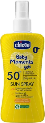 Chicco Baby Moments Sun Spray солнцезащитный спрей для детей SPF50+ водостойкий, очень высокая защита, для чувствительной кожи 150 мл
