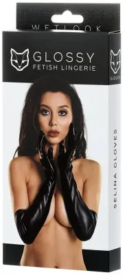 Перчатки выше локтя Glossy Selina из материала Wetlook, чёрные, размер M