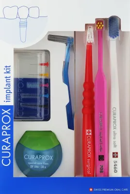 Набор для ухода за имплантами Curaprox Implant Kit: зубные щётки, нить, межзубные ершики, щётки красная + розовая + белая