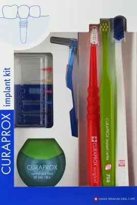 Набор для ухода за имплантами Curaprox Implant Kit: зубные щётки, нить, межзубные ершики, щётки красная + светло-зелёная + белая