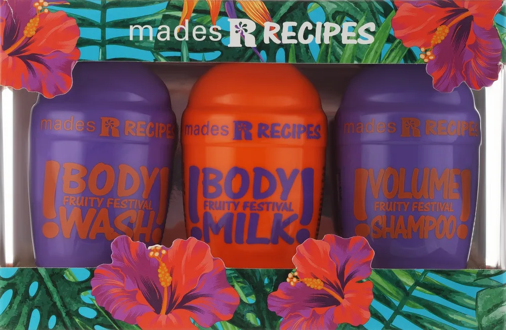 Набор для тела Mades Recipes Fruity Festival шампунь гель для душа и молочко с фруктовыми экстрактами уценка 100+100+100 мл