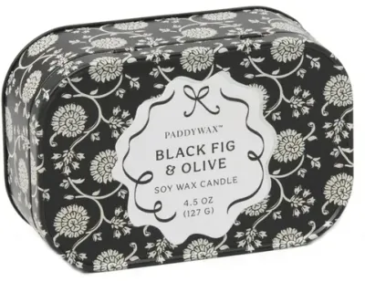 Свеча ароматическая Paddywax Cherie Black Fig and Olive в жестяной банке с принтом, 2 фитиля, 127 г