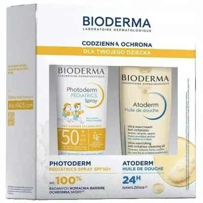 Набор Bioderma Photoderm Pediatrics Spray SPF50+ и Atoderm Shower Oil, солнцезащитный спрей и масло для душа, 200 мл + 200 мл