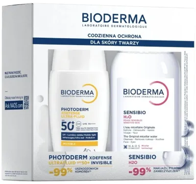 Набор Bioderma Photoderm XDefense Ultra Fluid SPF50+ Invisible и Sensibio H2O, солнцезащитный флюид и мицеллярная вода, 40 мл + 250 мл