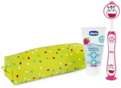 Chicco Milk Teeth набор для ухода за молочными зубами для детей от 3 лет: зубная паста клубничная 50 мл, щётка на присоске, футляр, уценка, арт. C01915986
