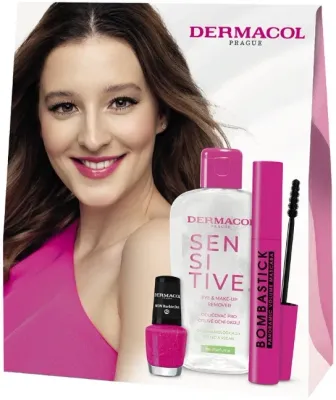 Dermacol Bombastick Set подарочный набор: средство для снятия макияжа с глаз для чувствительной кожи 150 мл, тушь для объёма чёрная 12,5 мл, лак для ногтей Barbie Doll 5 мл