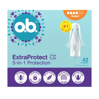 Тампоны o.b. ExtraProtect Super 4-in-1 Protection Tampons без аппликатора, с защитными крылышками Silk Touch, 42 шт