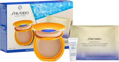 Набор Shiseido Suncare компактная пудра SPF 10 12 г солнцезащитный крем SPF 50 5 мл и патчи для области вокруг глаз