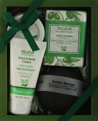 Набор Kalliston Gift Box Mastiha крем для рук и тела 50 мл масло для тела 50 мл мыло 100 г и губка конжак