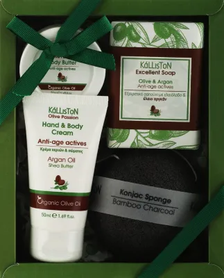 Набор Kalliston Gift Box Argan крем для рук и тела 50 мл масло для тела 50 мл мыло 100 г и губка конжак