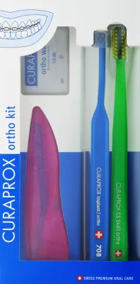 Набор Curaprox Ortho Kit ортодонтическая щетка ершики CPS 07 14 18 3 шт держатель UHS 451 воск и футляр розовое, синее и зеленое