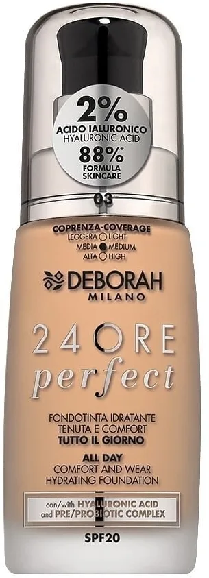 Матирующий тональный флюид Deborah 24Ore Perfect Foundation стойкий SPF 20, 30 мл, оттенок 3 - Caramel Beige