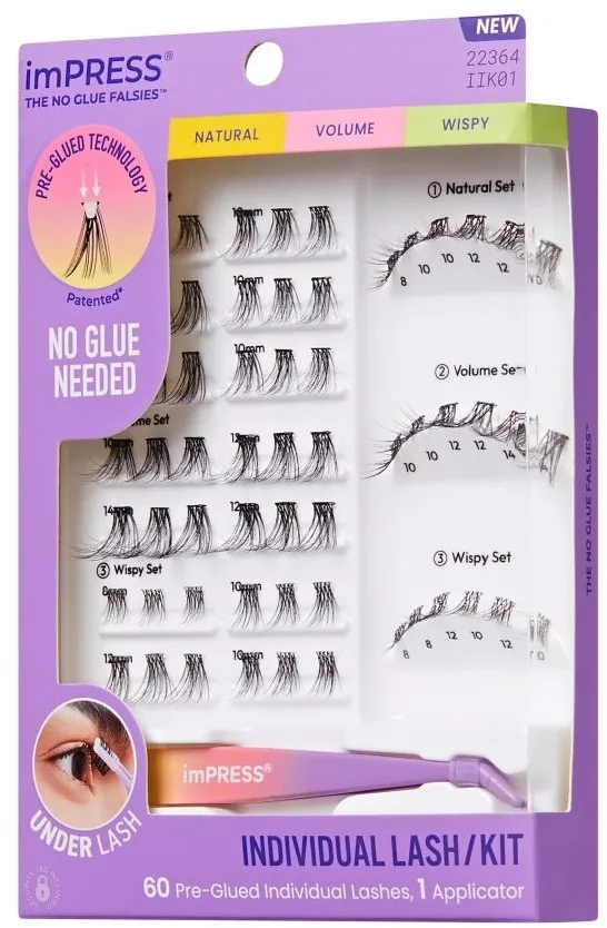 Набор накладных ресниц Kiss Impress Pre-Glued Individual Lash Kit, с нанесённым клеем, 60 шт