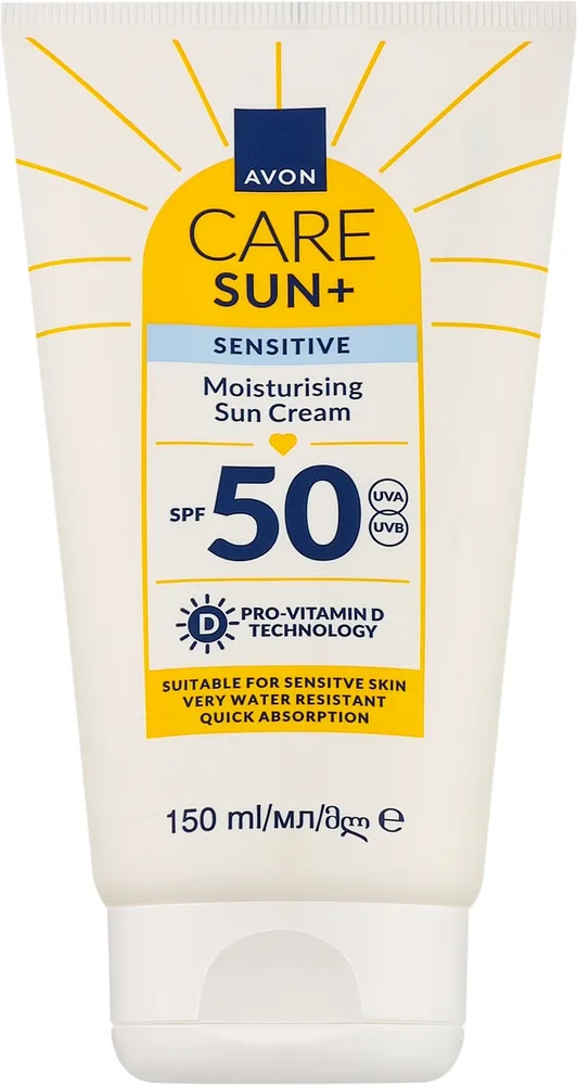 Avon Care Sun+ Sensitive Moisturising Sun Cream крем солнцезащитный для лица и тела увлажняющий, для чувствительной кожи SPF 50 150 мл