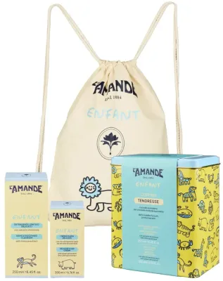 L'Amande Enfant Set детский набор для ухода: очищающее средство 250 мл, крем-флюид 200 мл, сумка