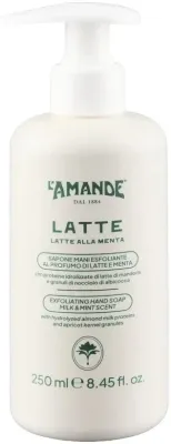 L'Amande Latte жидкое мыло для рук отшелушивающее, молоко и мята, 250 мл, с порошком абрикосовых косточек и миндальным маслом