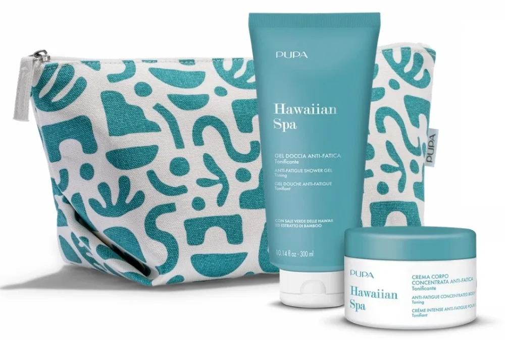 Pupa Hawaiian Spa подарочный набор для тела против усталости: тонизирующий гель для душа 300 мл, крем для тела 150 мл и косметичка