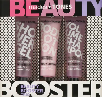 Tones Groovy and Dandy Beauty Booster Kit набор для тела и волос: гель для душа 65 мл, шампунь для объёма 65 мл, лосьон для тела 65 мл, дорожный формат