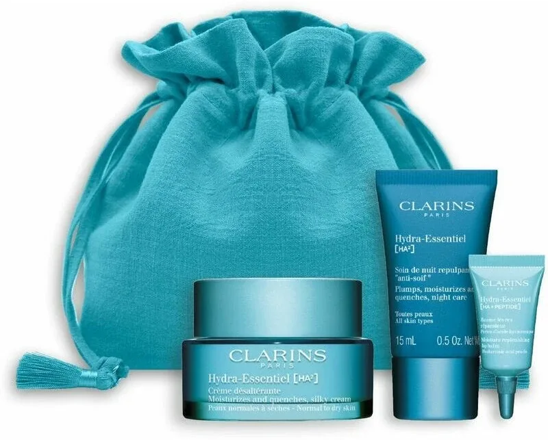 Набор для ухода Clarins Hydra-Essentiel HA2 Rituale Hydra: крем для лица 50 мл, ночной крем 15 мл, бальзам для губ 3 мл и косметичка