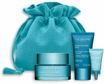 Набор для ухода Clarins Hydra-Essentiel HA2 Rituale Hydra: крем для лица 50 мл, ночной крем 15 мл, бальзам для губ 3 мл и косметичка
