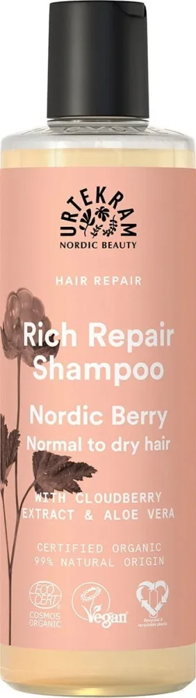 Шампунь для волос Urtekram Nordic Berry Rich Repair Shampoo «Скандинавские ягоды» восстанавливающий, для нормальных и сухих волос, 250 мл / 500 мл