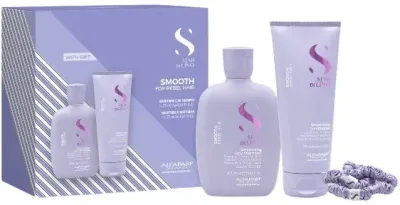 Alfaparf Semi di Lino Smooth набор для разглаживания волос: шампунь 250 мл, кондиционер 200 мл, резинка для волос