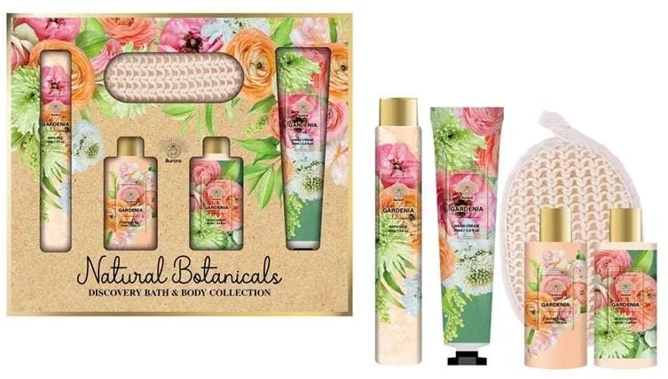 Aurora Natural Botanicals Discovery Bath And Body Collection набор: соль для ванны 100 г, гель для душа 100 мл, лосьон для тела 100 мл, крем для рук 75 мл, перчатка — с гарденией