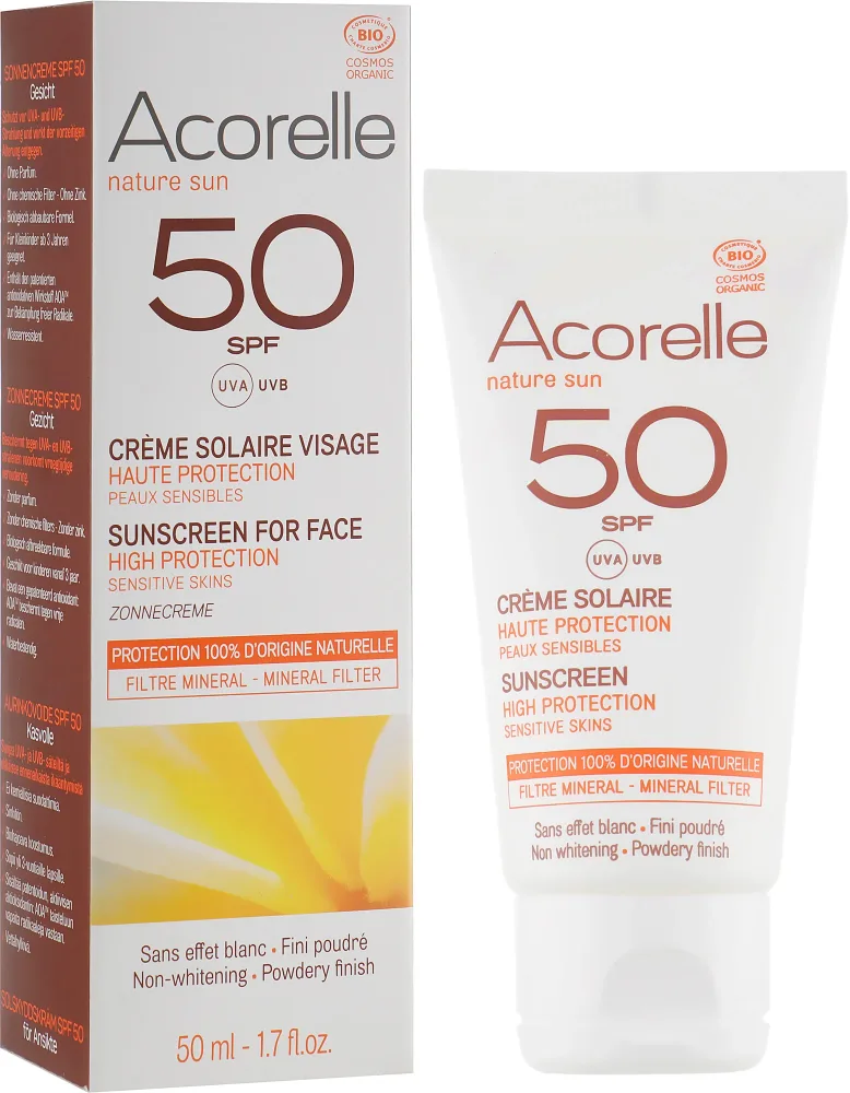 Acorelle Sunscreen High Protection крем солнцезащитный для лица с минеральным фильтром и пудровым эффектом SPF50, для светлой кожи, 50 мл