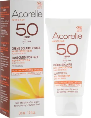 Acorelle Sunscreen High Protection крем солнцезащитный для лица с минеральным фильтром и пудровым эффектом SPF50, для светлой кожи, 50 мл