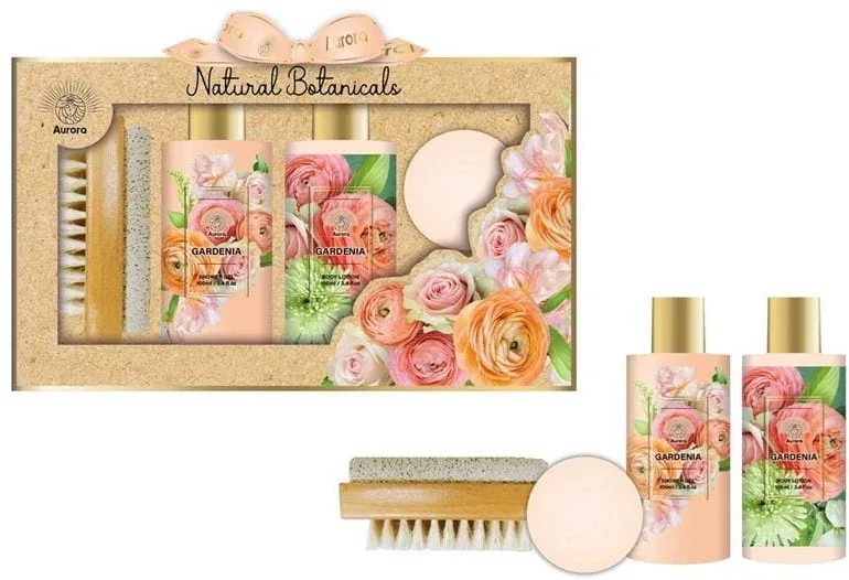 Aurora Natural Botanicals Bath Set набор для ванны с ароматом гардении: лосьон для тела 100 мл, щётка с пемзой, бомбочка для ванны