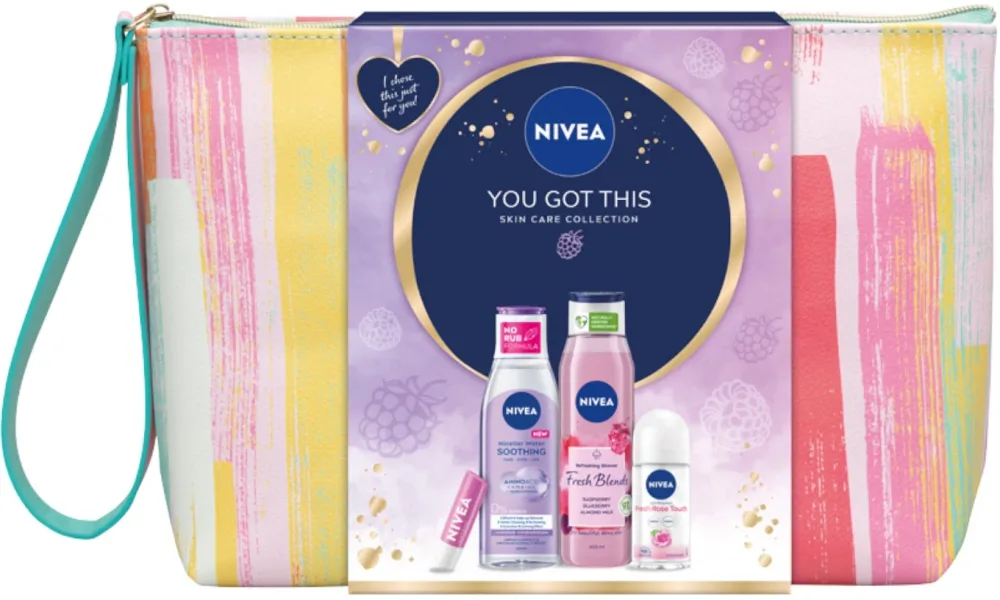 NIVEA You Got This подарочный набор: антиперспирант роликовый 50 мл, гель для душа 300 мл, бальзам для губ 4.8 г, мицеллярная вода 200 мл, косметичка