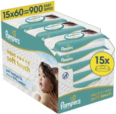 Влажные салфетки для детей Pampers Aqua Soft Touch, 15 уп. по 60 шт